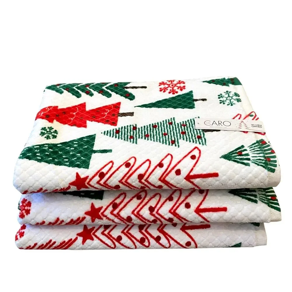 Caro Home Christmas Tree & Snowflakes Bath Towels Set of 2 Holiday Bath New